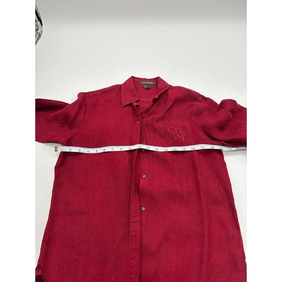 Lauren Ralph Lauren Women's SMALL 100% Linen Red Button Shirt Embroidered Logo - Picture 9 of 10